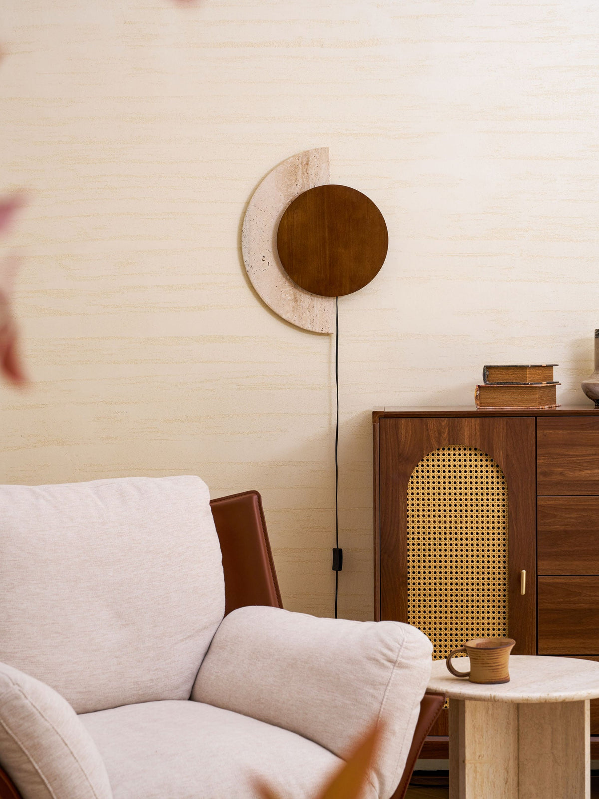 Crescent Halo Plug-In Wall Sconce in Natural Travertine and Wood