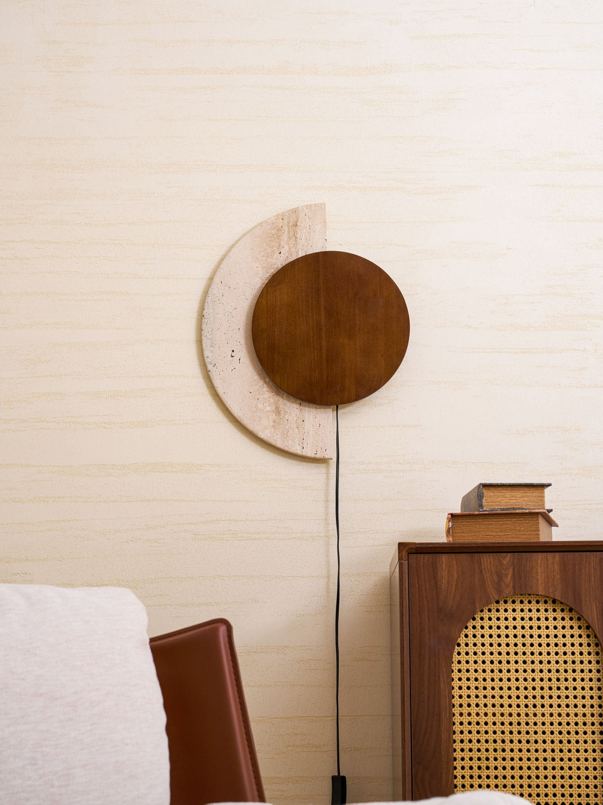 Crescent Halo Plug-In Wall Sconce in Natural Travertine and Wood