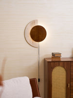 Crescent Halo Plug-In Wall Sconce in Natural Travertine and Wood
