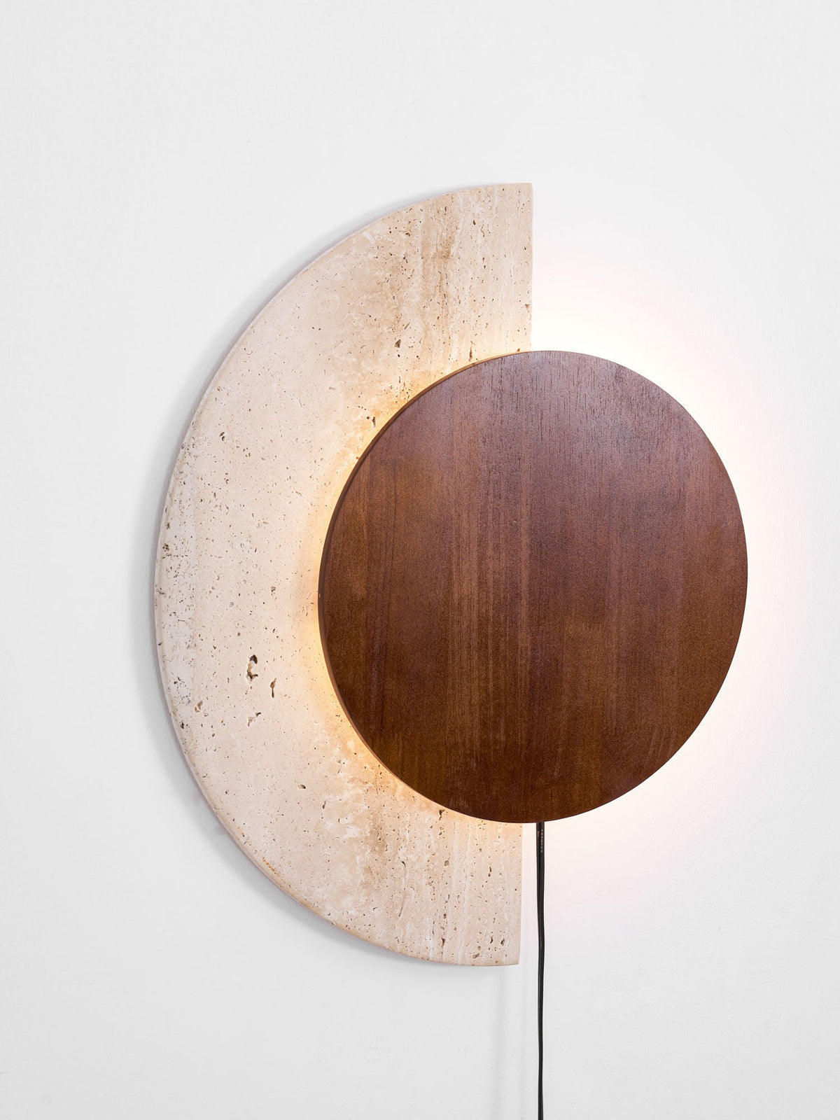 Crescent Halo Plug-In Wall Sconce in Natural Travertine and Wood
