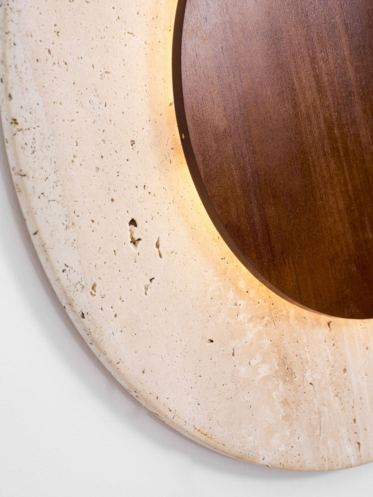 Crescent Halo Plug-In Wall Sconce in Natural Travertine and Wood