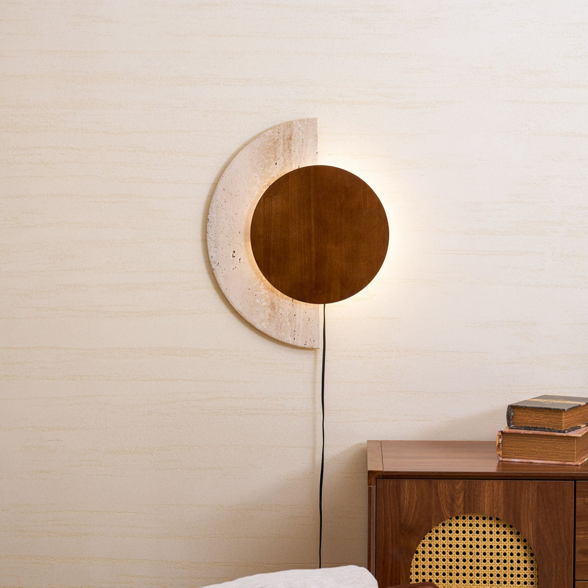 Crescent Halo Plug-In Wall Sconce in Natural Travertine and Wood