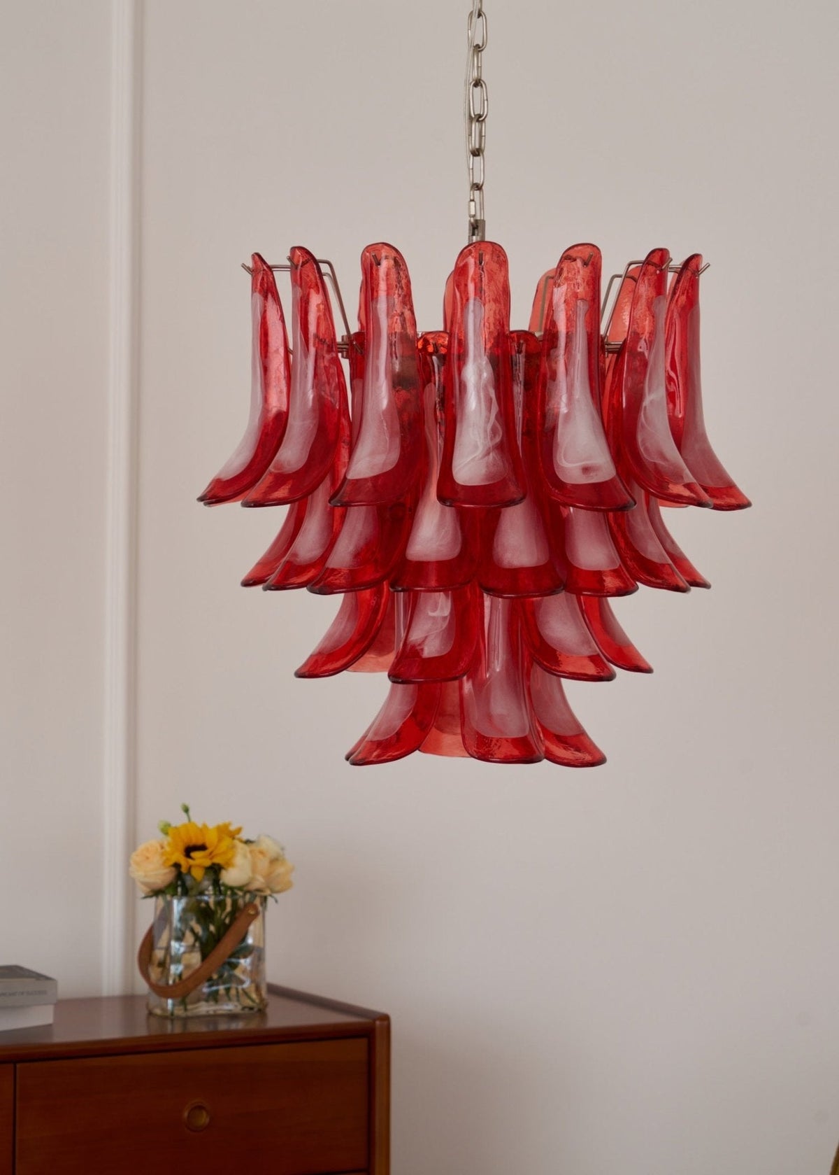 Crimson Glass Petals Chandelier – Murano Style Modern Chandelier for Dining Room and Living Room