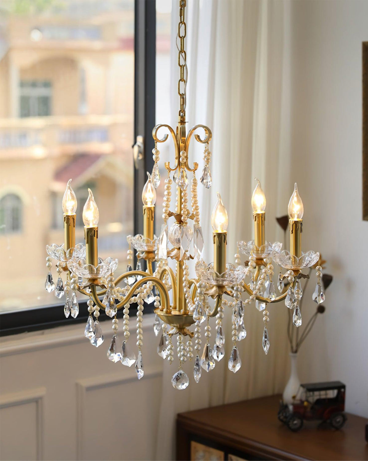 Crystal Pearl Chandelier in Brass with Clear Crystal Beads