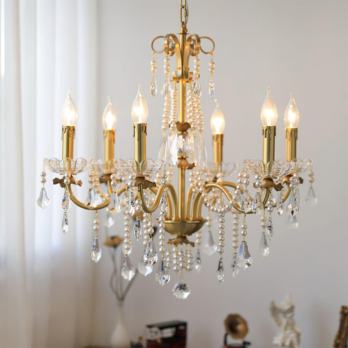 Crystal Pearl Chandelier in Brass with Clear Crystal Beads