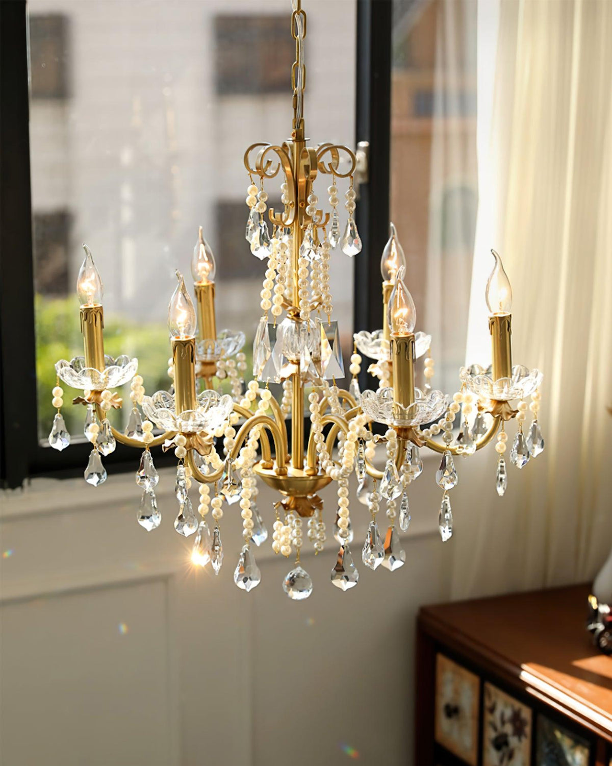 Crystal Pearl Chandelier in Brass with Clear Crystal Beads