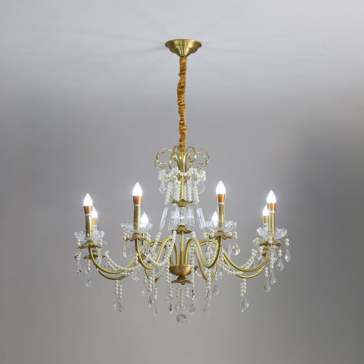 Crystal Pearl Chandelier in Brass with Clear Crystal Beads