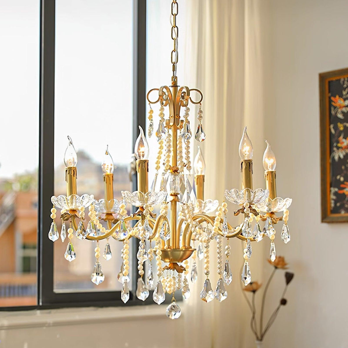Crystal Pearl Chandelier in Brass with Clear Crystal Beads