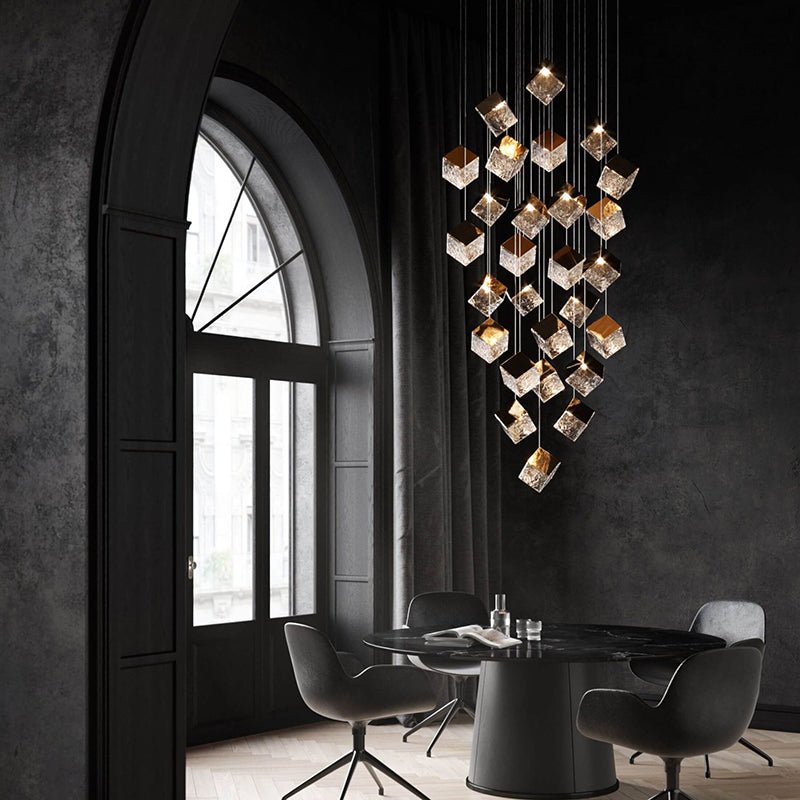 Cubic Luster Cascade Chandelier – Modern Geometric Crystal Pendant Light