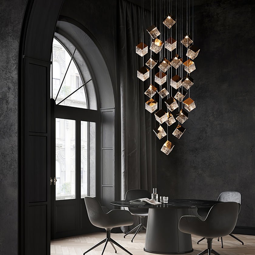 Cubic Luster Cascade Chandelier – Modern Geometric Crystal Pendant Light