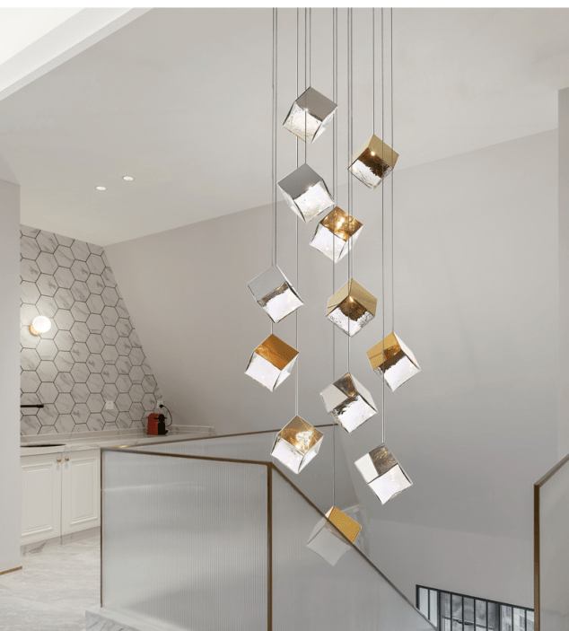 Cubic Luster Cascade Chandelier – Modern Geometric Crystal Pendant Light