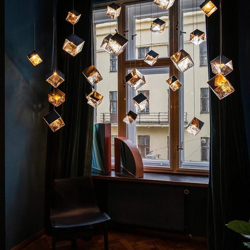 Cubic Luster Cascade Chandelier – Modern Geometric Crystal Pendant Light