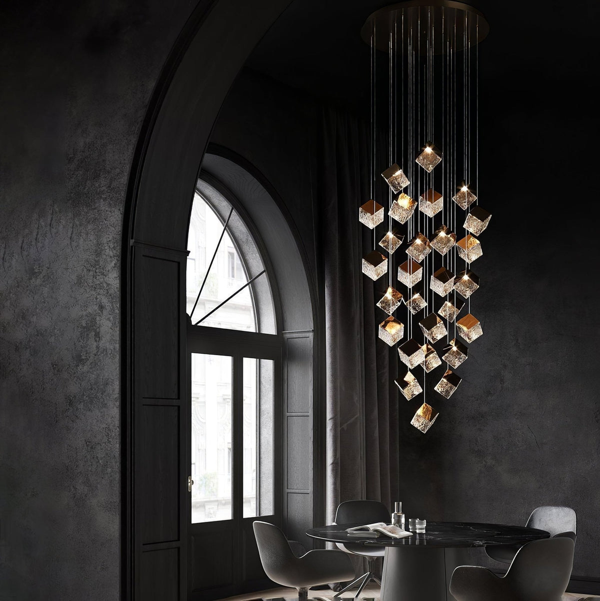 Cubic Luster Cascade Chandelier – Modern Geometric Crystal Pendant Light