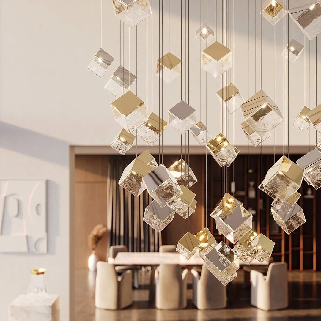Cubic Luster Cascade Chandelier – Modern Geometric Crystal Pendant Light