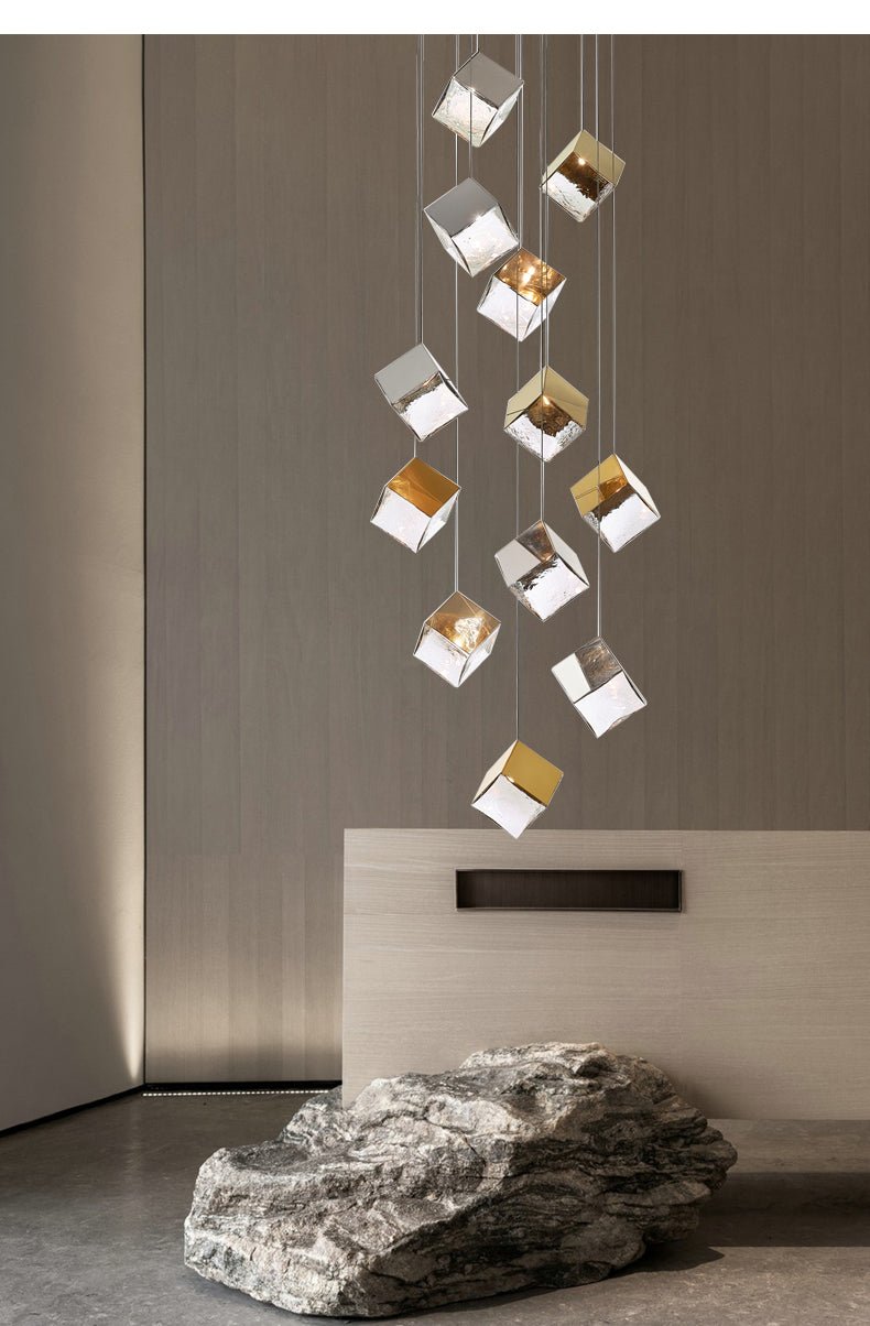 Cubic Luster Cascade Chandelier – Modern Geometric Crystal Pendant Light