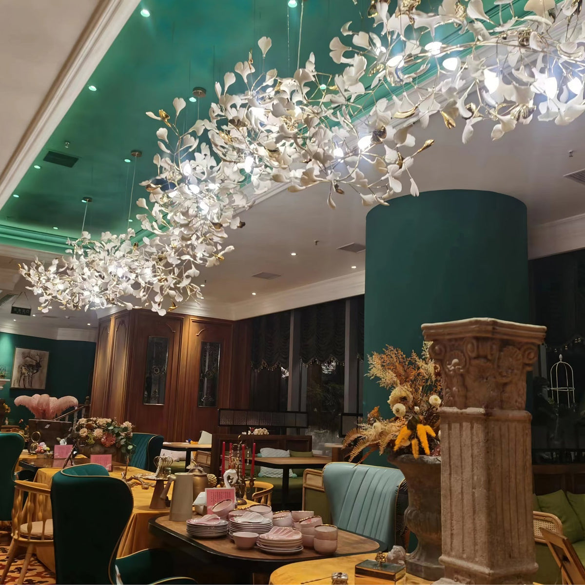 Gingko Leaves Linear Chandelier – Hand-Cast Porcelain Sculptural Pendant Light