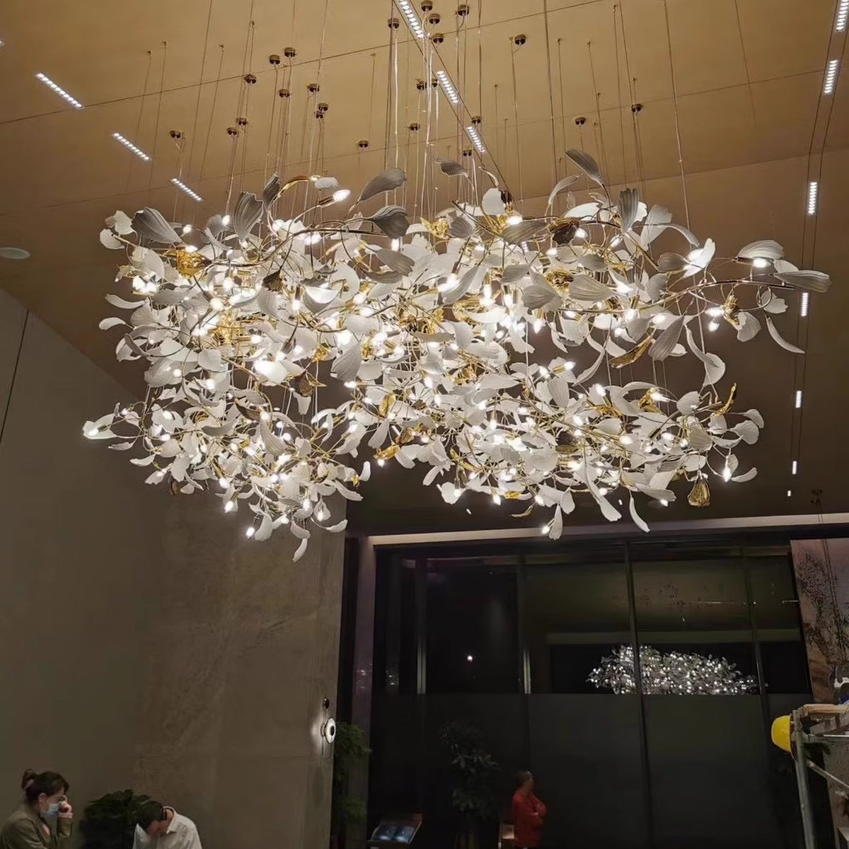 Gingko Leaves Linear Chandelier – Hand-Cast Porcelain Sculptural Pendant Light