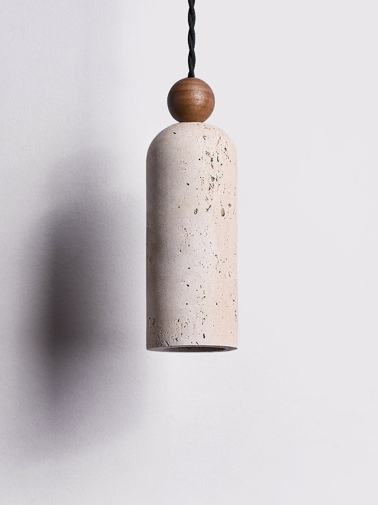 Cylinder Travertine Wood Bead Pendant Light, Minimalist Organic Hanging Lamp for Dining Room and Kitchen Island