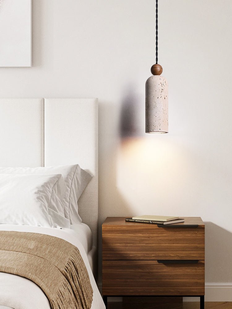 Cylinder Travertine Wood Bead Pendant Light, Minimalist Organic Hanging Lamp for Dining Room and Kitchen Island