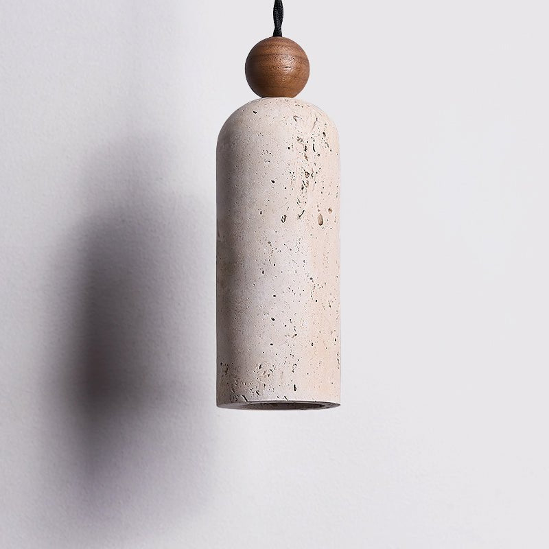 Cylinder Travertine Wood Bead Pendant Light, Minimalist Organic Hanging Lamp for Dining Room and Kitchen Island