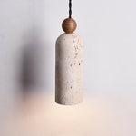 Cylinder Travertine Wood Bead Pendant Light, Minimalist Organic Hanging Lamp for Dining Room and Kitchen Island