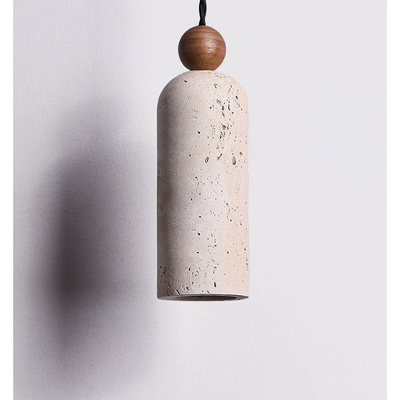 Cylinder Travertine Wood Bead Pendant Light, Minimalist Organic Hanging Lamp for Dining Room and Kitchen Island