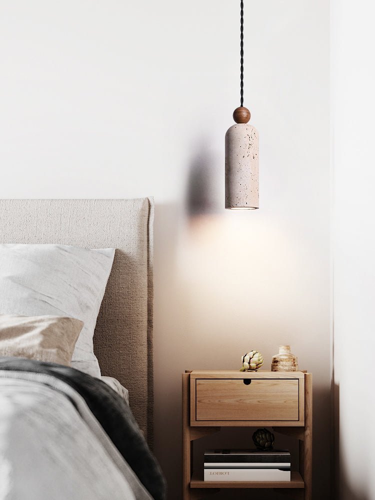 Cylinder Travertine Wood Bead Pendant Light, Minimalist Organic Hanging Lamp for Dining Room and Kitchen Island