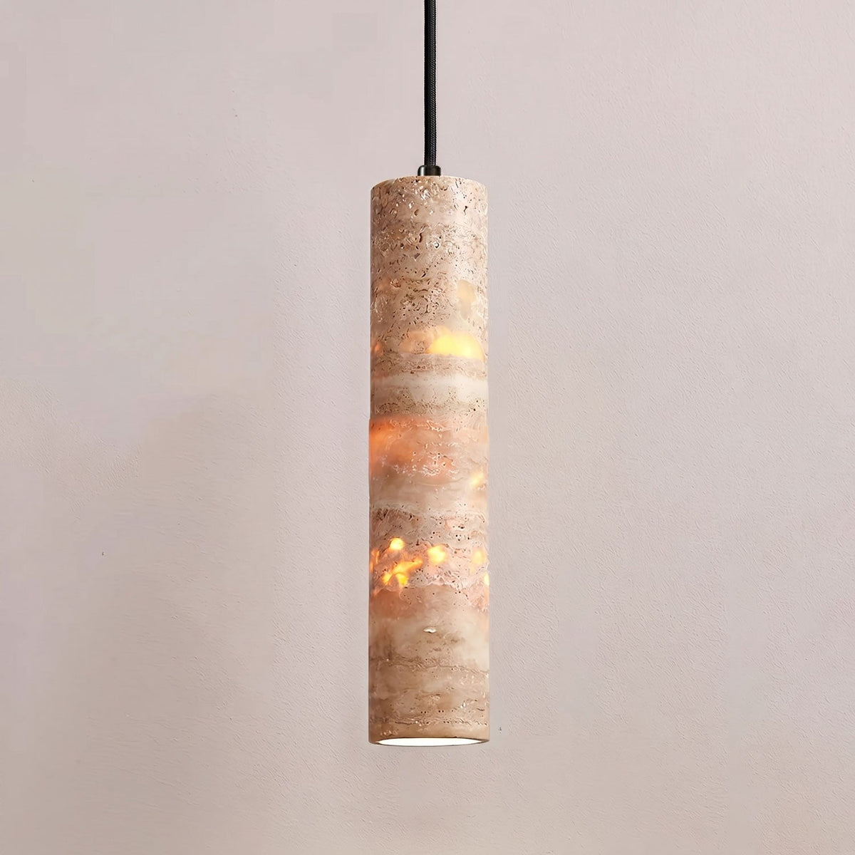Travertine Cylinder Pendant Light in Warm Stone for Modern Interiors