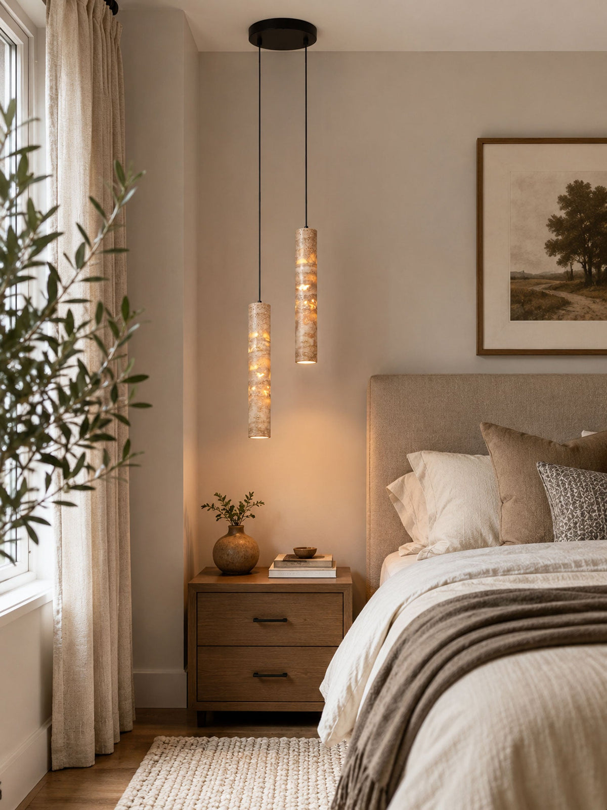 Travertine Cylinder Pendant Light in Warm Stone for Modern Interiors