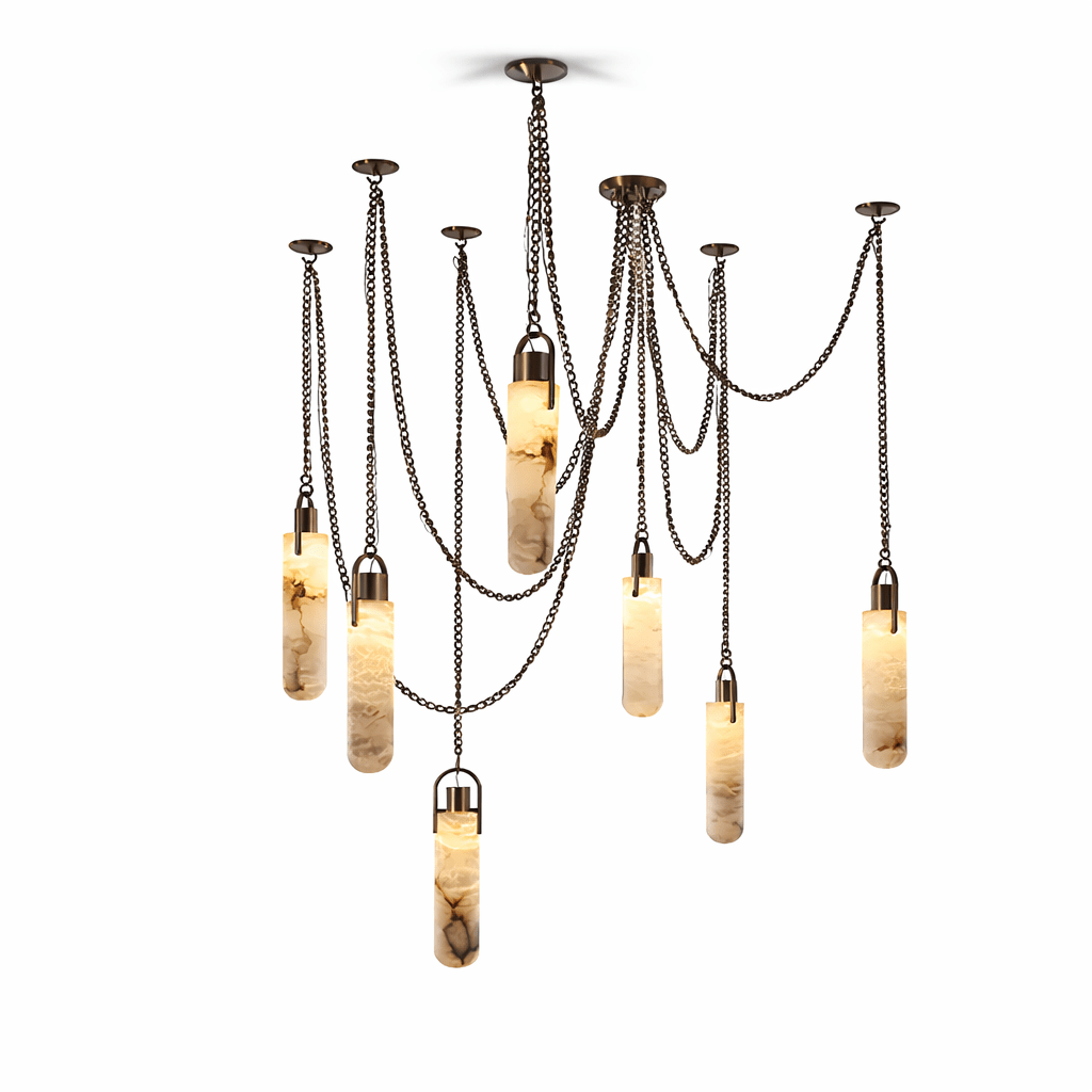 Cascading Alabaster Tube Chandelier in Antique Brass