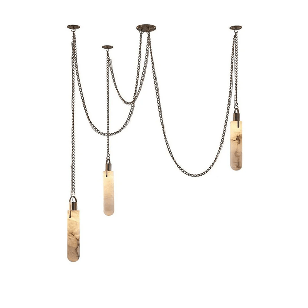 Cascading Alabaster Tube Chandelier in Antique Brass