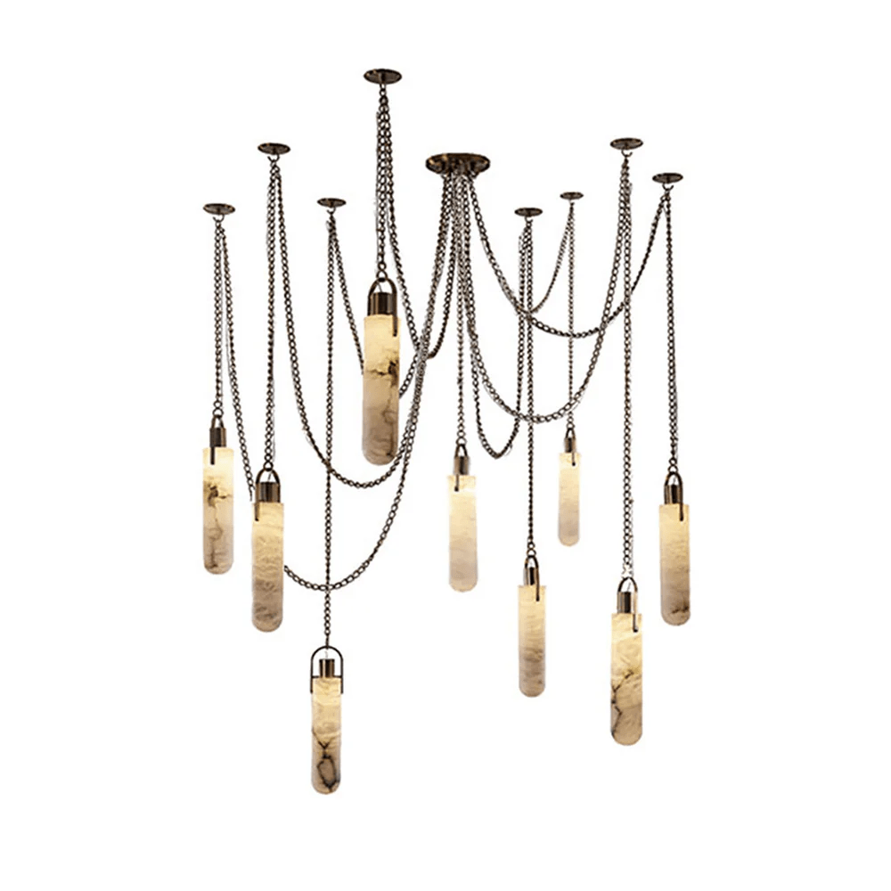 Cascading Alabaster Tube Chandelier in Antique Brass