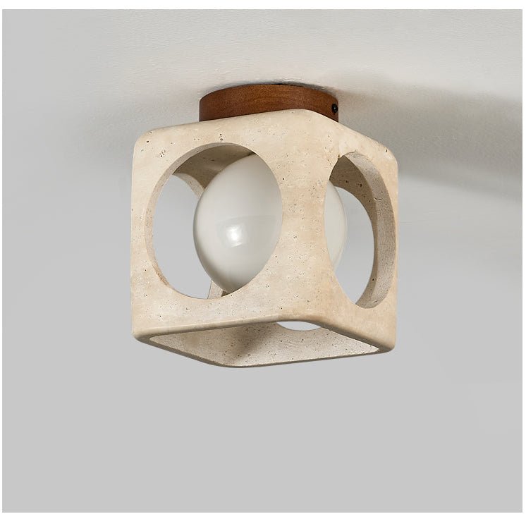 Cylinor Ceiling Lamp in Natural Travertine with Glowing Glass Orb