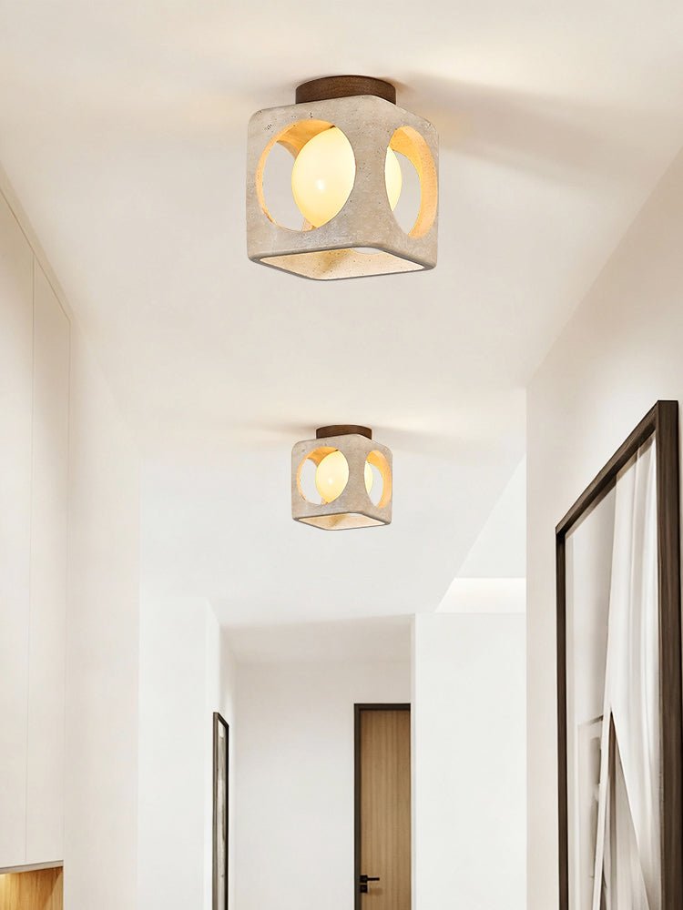 Cylinor Ceiling Lamp in Natural Travertine with Glowing Glass Orb