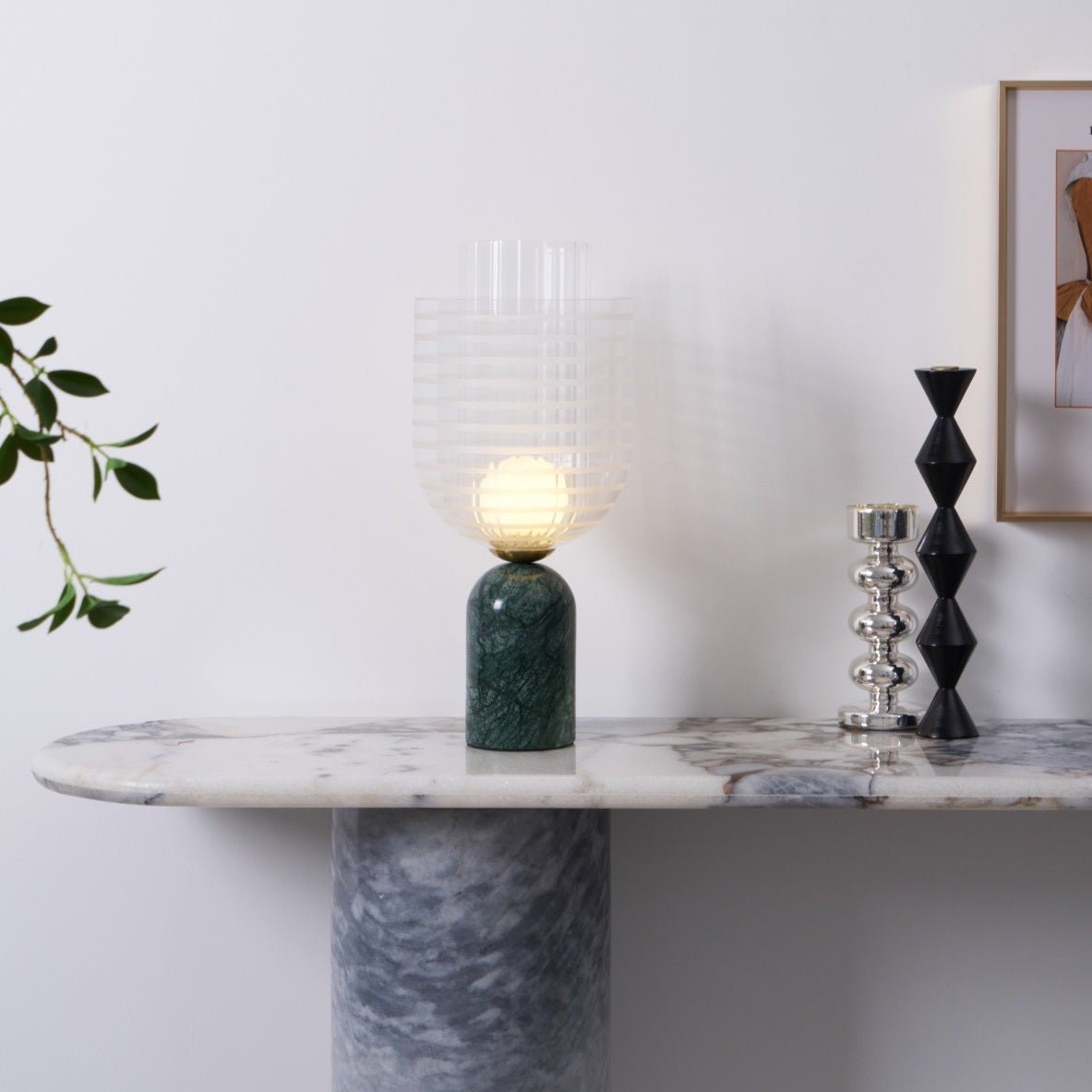 Striara Sculptural Table Lamp with Green Marble Base and Striped Glass Shade