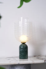 Striara Sculptural Table Lamp with Green Marble Base and Striped Glass Shade