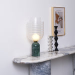 Striara Sculptural Table Lamp with Green Marble Base and Striped Glass Shade