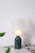 Striara Sculptural Table Lamp with Green Marble Base and Striped Glass Shade