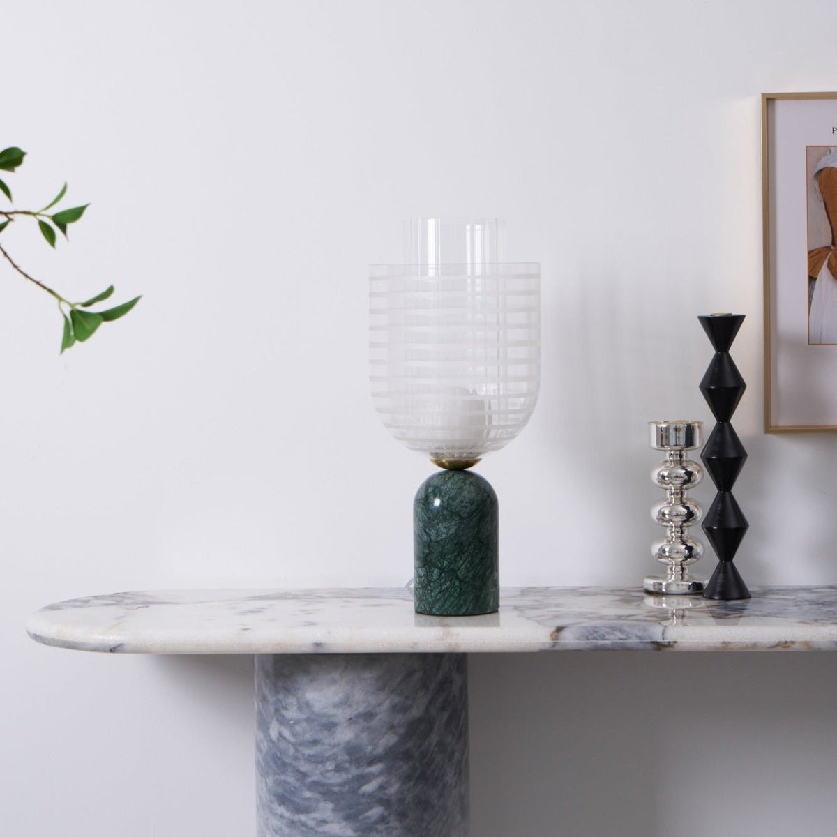Striara Sculptural Table Lamp with Green Marble Base and Striped Glass Shade