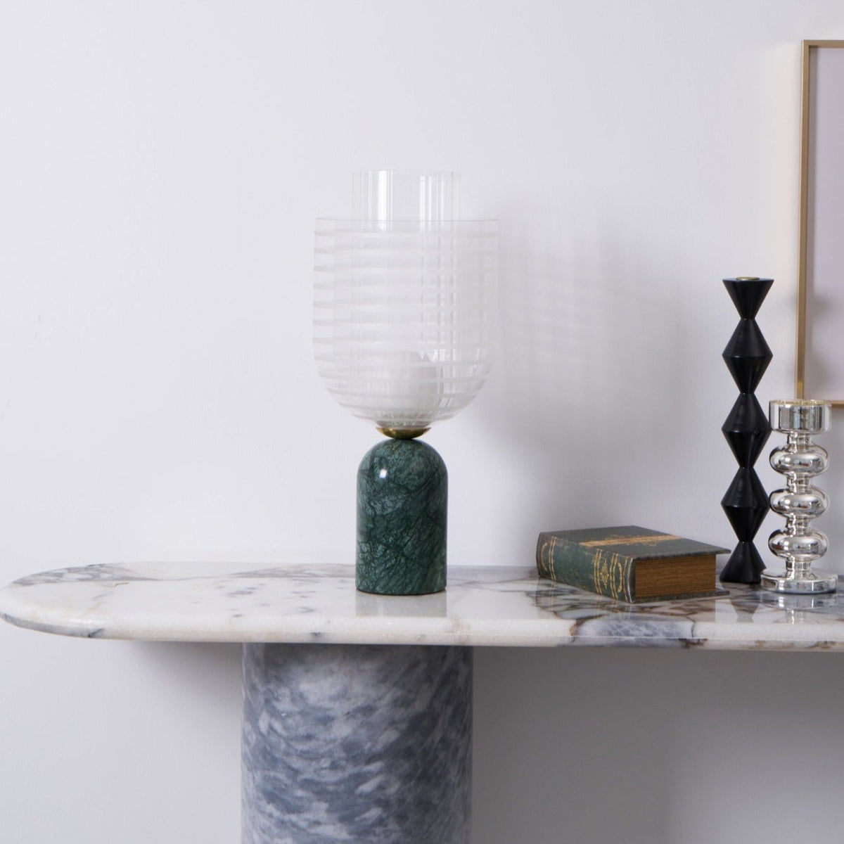 Striara Sculptural Table Lamp with Green Marble Base and Striped Glass Shade