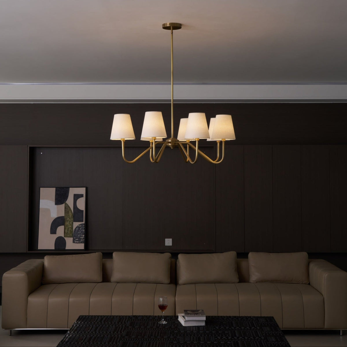 Opaluxe Brass Chandelier – Six-Light Designer Ceiling Light with Fabric Shades