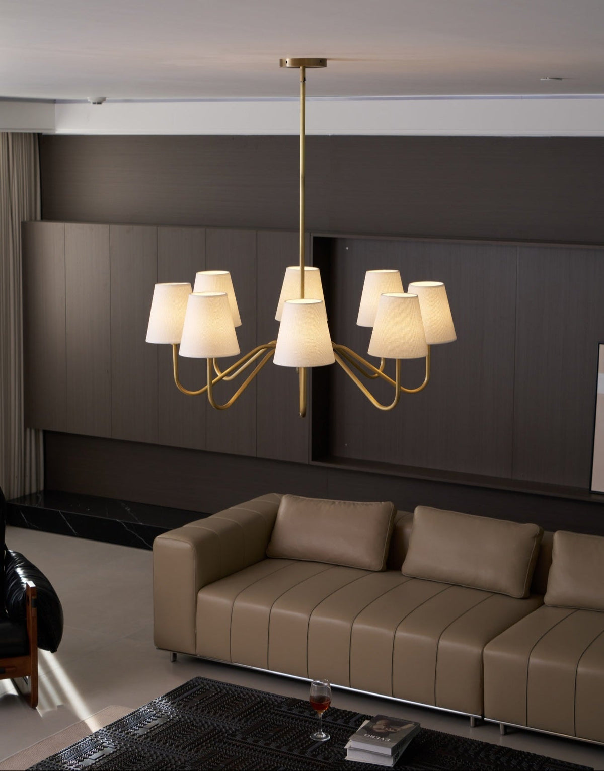 Opaluxe Brass Chandelier – Six-Light Designer Ceiling Light with Fabric Shades