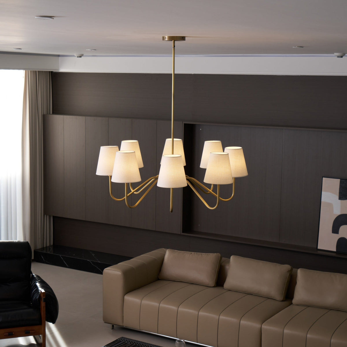 Opaluxe Brass Chandelier – Six-Light Designer Ceiling Light with Fabric Shades