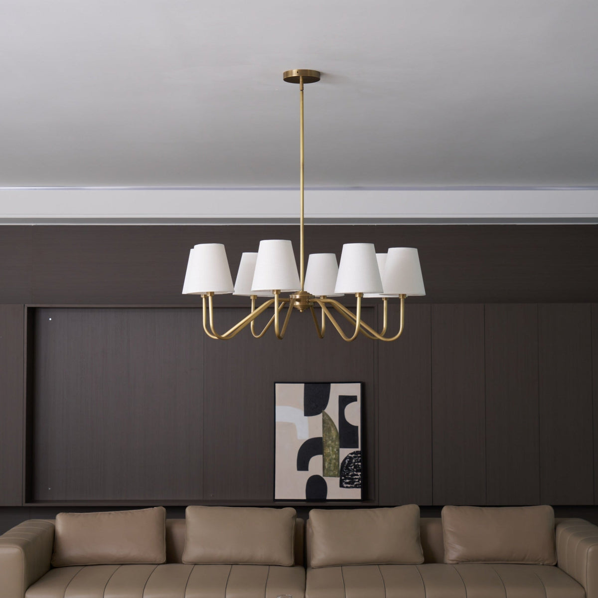Opaluxe Brass Chandelier – Six-Light Designer Ceiling Light with Fabric Shades