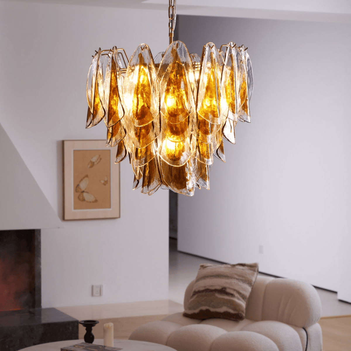 Solviva Glass Chandelier – Modern Amber Leaf Pendant Light