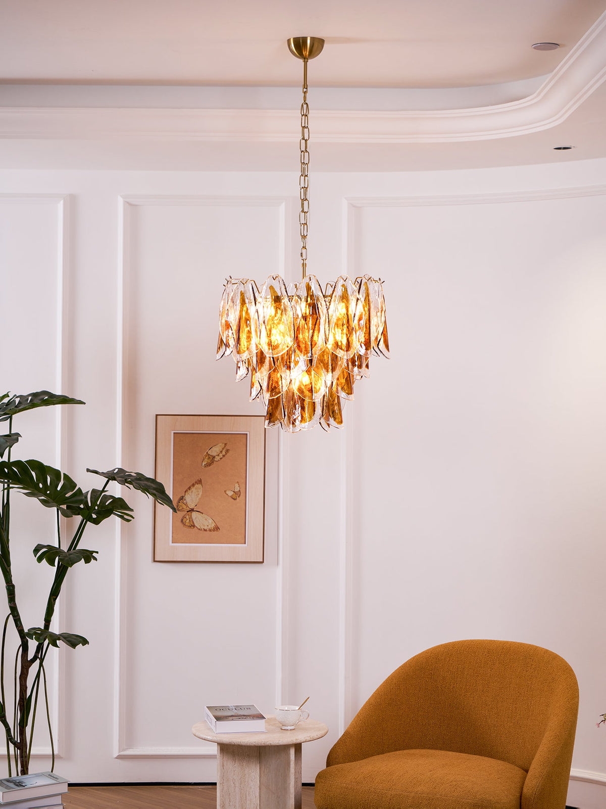 Solviva Glass Chandelier – Modern Amber Leaf Pendant Light