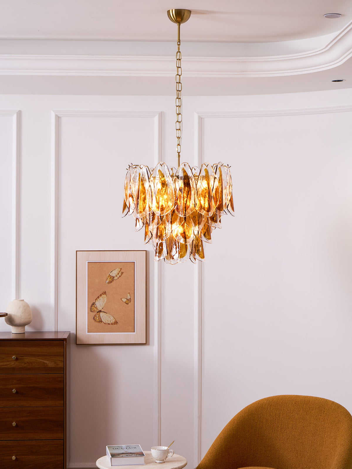 Solviva Glass Chandelier – Modern Amber Leaf Pendant Light