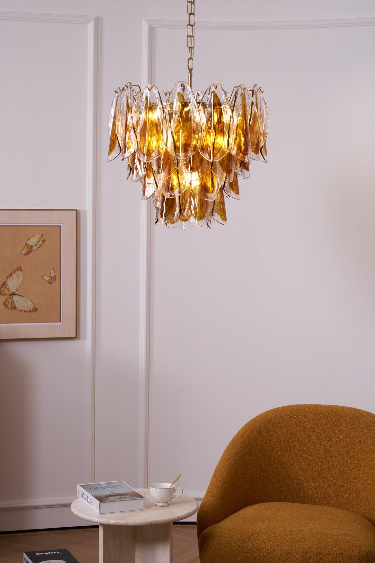Solviva Glass Chandelier – Modern Amber Leaf Pendant Light