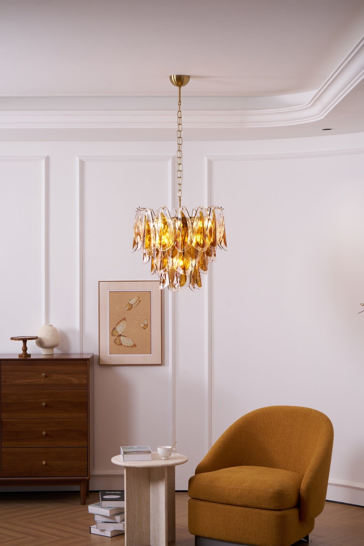 Solviva Glass Chandelier – Modern Amber Leaf Pendant Light