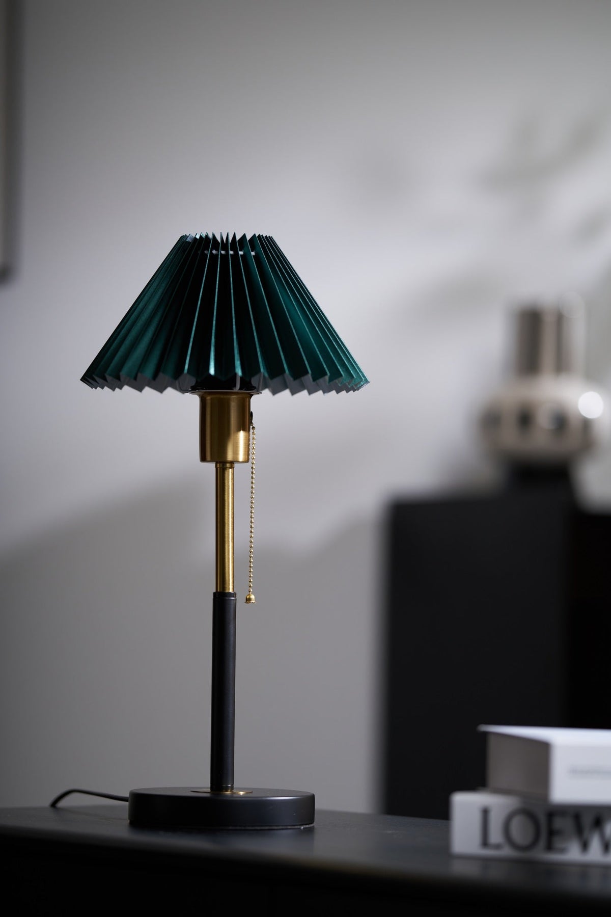 Lumi Pleated Table Lamp – Velvet Shade, Brass & Black Metal Base